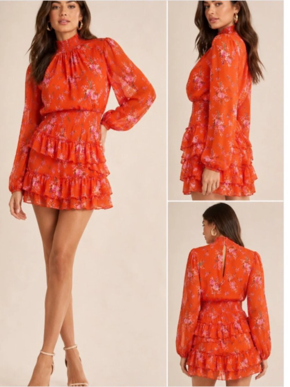 Express Floral Tiered Mock Neck Long Sleeve Mini Dress XS